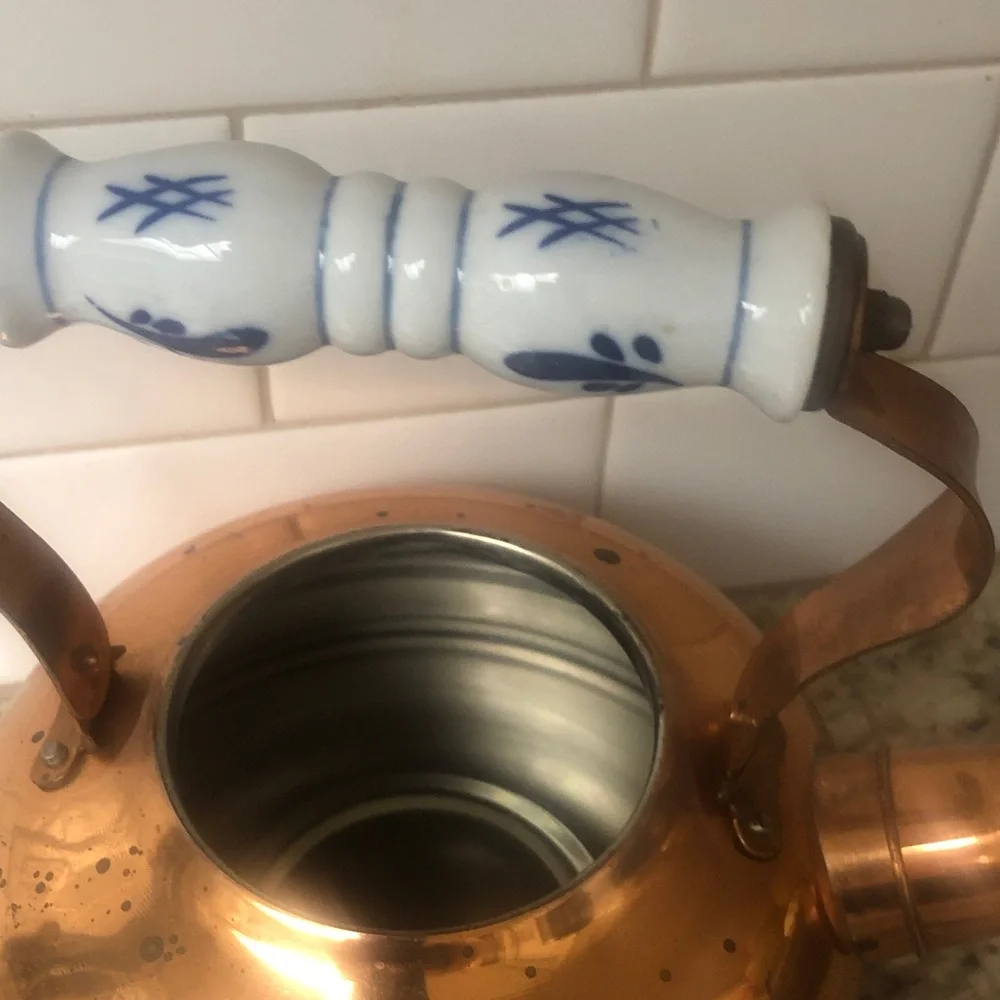 Vintage Copper Whistling Tea Kettle with Ceramic Handle and Knob - Copper